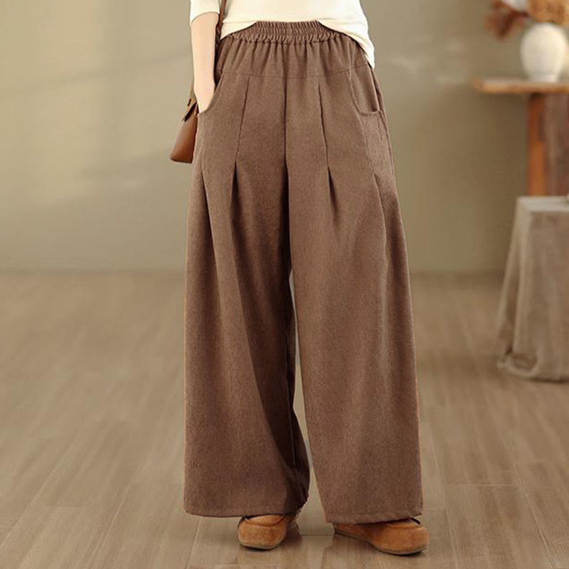 Buddha Stones Spring Plain Brown Corduroy Women's Wide Leg Pants With Pockets - image 6