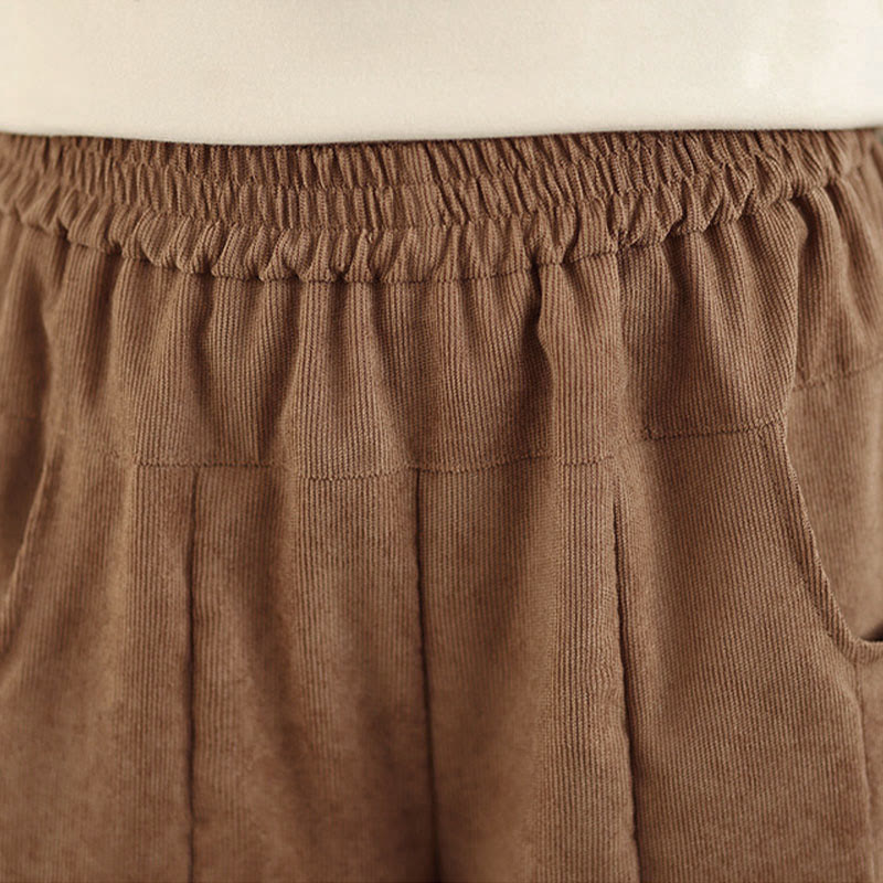 Buddha Stones Spring Plain Brown Corduroy Women's Wide Leg Pants With Pockets - image 7
