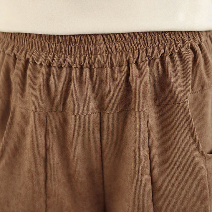 Buddha Stones Spring Plain Brown Corduroy Women's Wide Leg Pants With Pockets - image 7