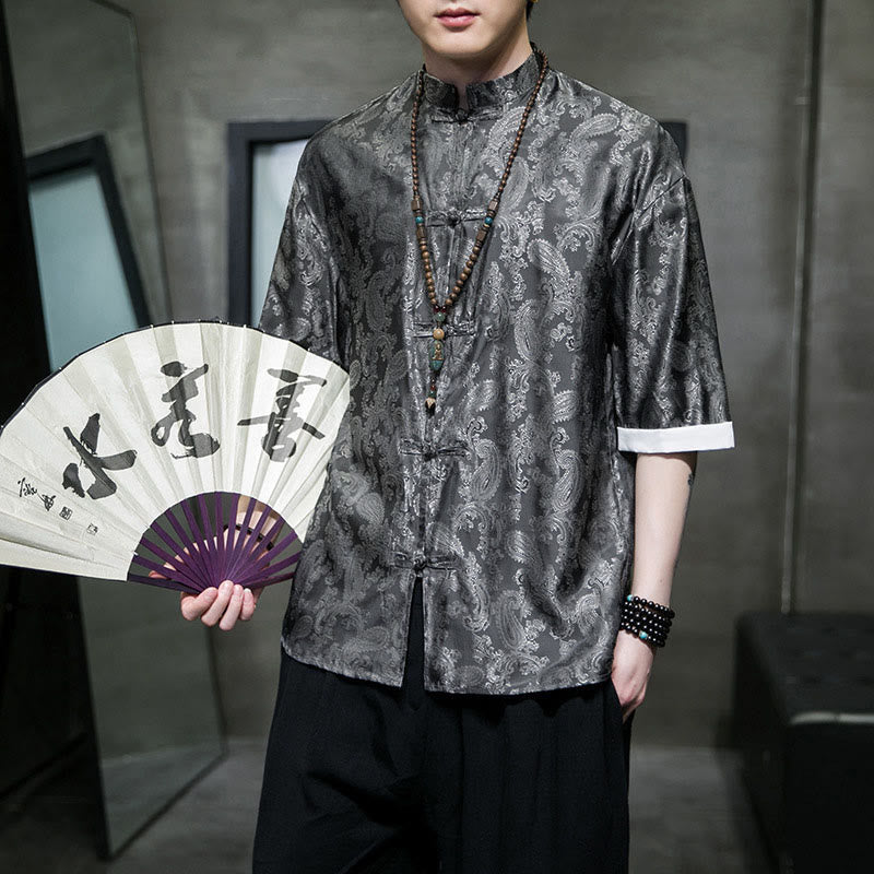 Buddha Stones Summer Cashew Flowers Pattern Men's Frog-Button Half Sleeve Shirts - Gray - US/UK/AU46，EU56 (5XL) - image 0