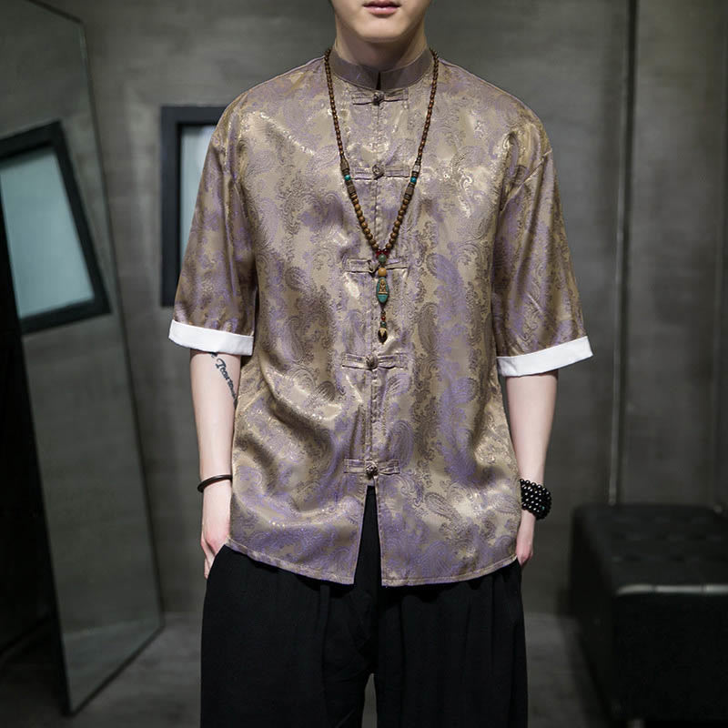 Buddha Stones Summer Cashew Flowers Pattern Men's Frog-Button Half Sleeve Shirts - Tan - US/UK/AU46，EU56 (5XL) - image 39