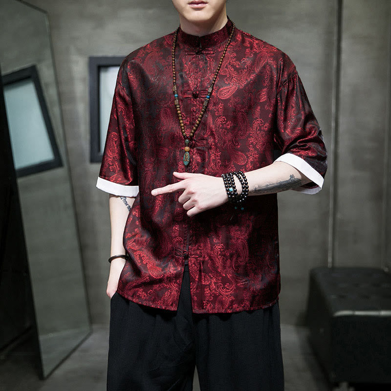 Buddha Stones Summer Cashew Flowers Pattern Men's Frog-Button Half Sleeve Shirts - Maroon - US/UK/AU46，EU56 (5XL) - image 19