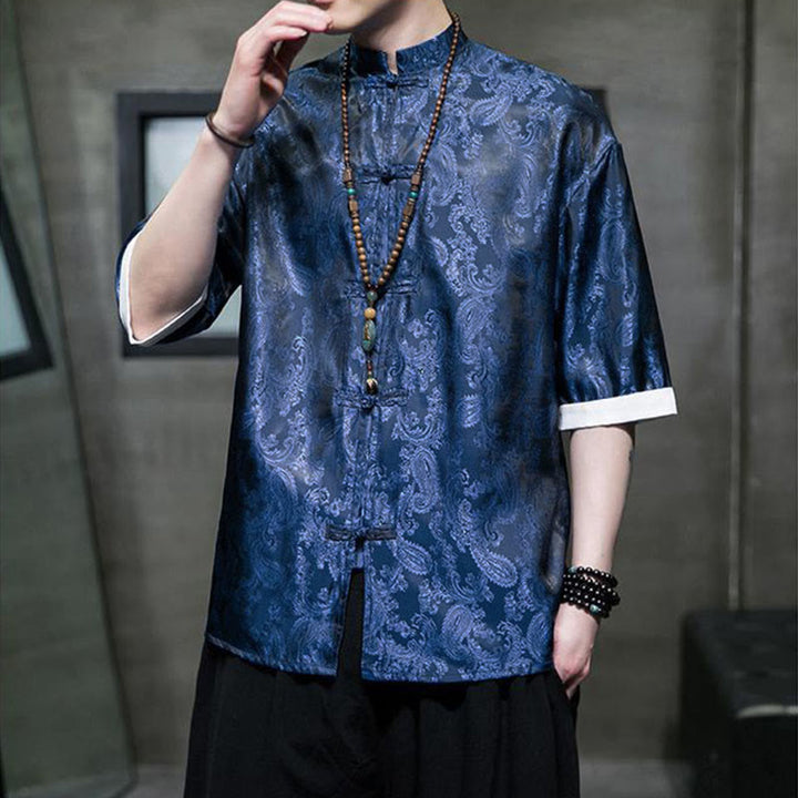 Buddha Stones Summer Cashew Flowers Pattern Men's Frog-Button Half Sleeve Shirts - image 31