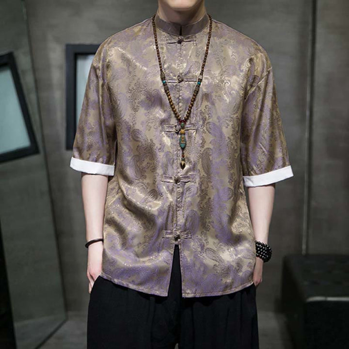 Buddha Stones Summer Cashew Flowers Pattern Men's Frog-Button Half Sleeve Shirts - image 43