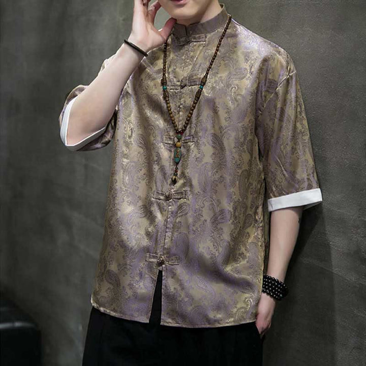 Buddha Stones Summer Cashew Flowers Pattern Men's Frog-Button Half Sleeve Shirts - image 40