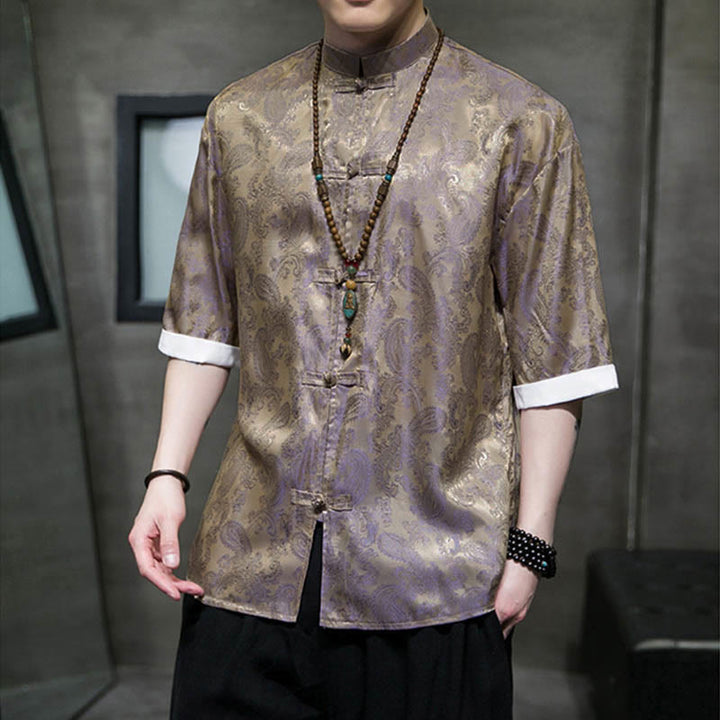 Buddha Stones Summer Cashew Flowers Pattern Men's Frog-Button Half Sleeve Shirts - image 45