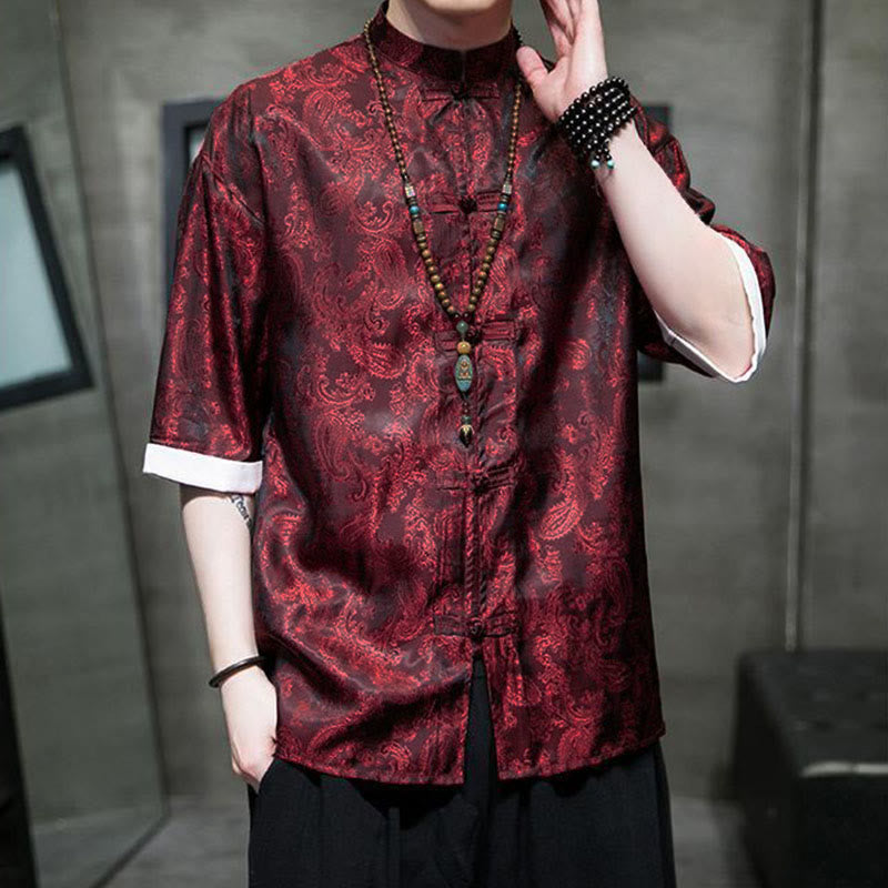 Buddha Stones Summer Cashew Flowers Pattern Men's Frog-Button Half Sleeve Shirts - image 24