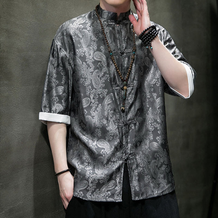 Buddha Stones Summer Cashew Flowers Pattern Men's Frog-Button Half Sleeve Shirts - image 6
