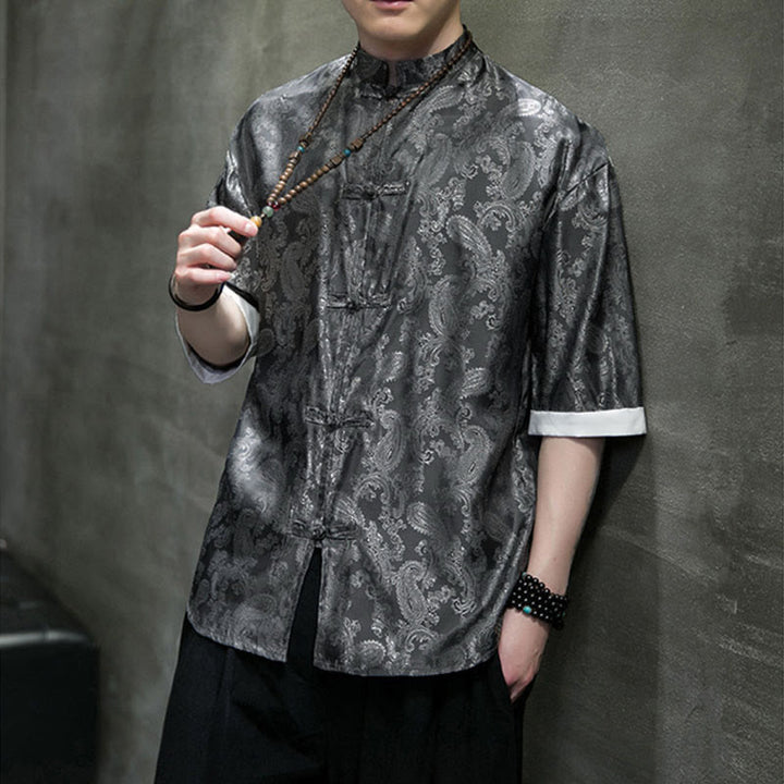 Buddha Stones Summer Cashew Flowers Pattern Men's Frog-Button Half Sleeve Shirts - image 9