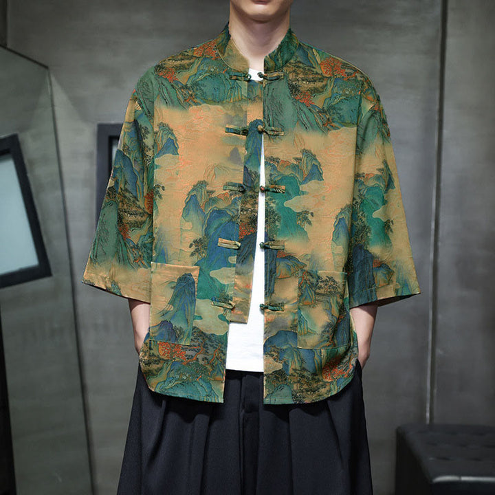 Buddha Stones Spring Frog-Button Dragon Mountain Flower Three Quarter Sleeve Tang Suit Men's Shirt With Pockets - YellowGreen - US/UK/AU44，EU54 (5XL) - image 38