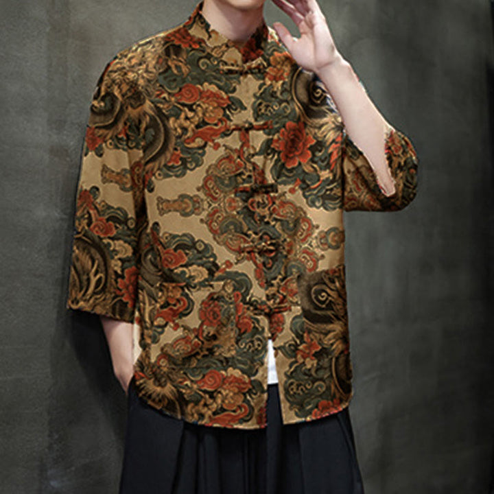 Buddha Stones Spring Frog-Button Dragon Mountain Flower Three Quarter Sleeve Tang Suit Men's Shirt With Pockets - image 17