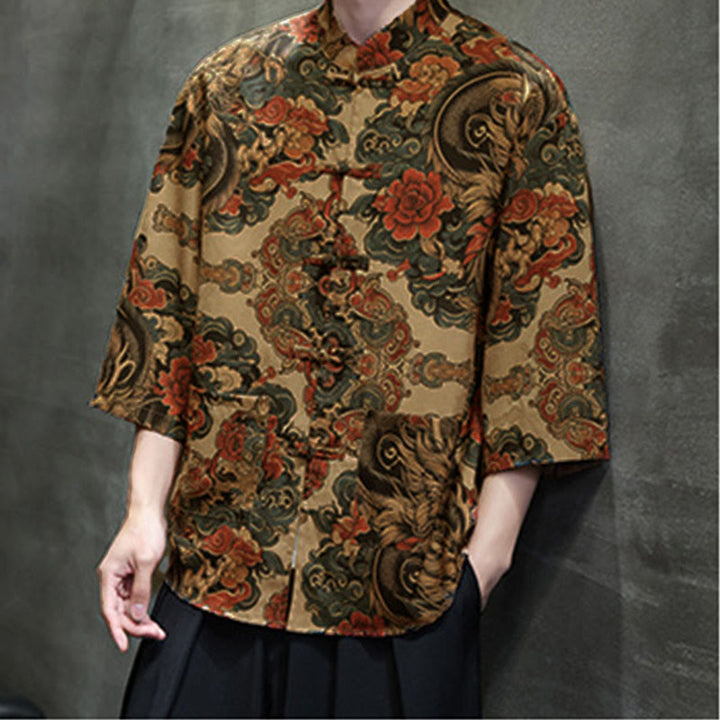 Buddha Stones Spring Frog-Button Dragon Mountain Flower Three Quarter Sleeve Tang Suit Men's Shirt With Pockets - image 15