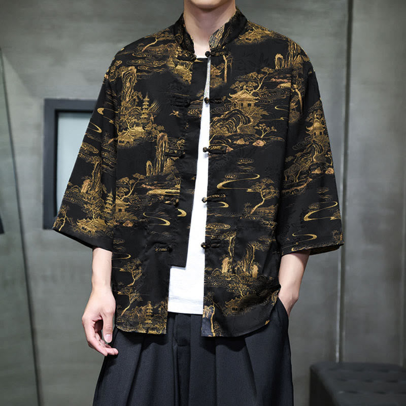 Buddha Stones Spring Frog-Button Dragon Mountain Flower Three Quarter Sleeve Tang Suit Men's Shirt With Pockets - image 34