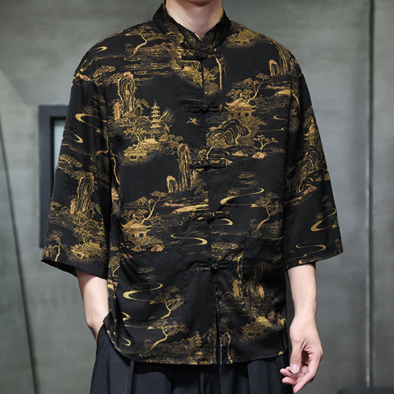 Buddha Stones Spring Frog-Button Dragon Mountain Flower Three Quarter Sleeve Tang Suit Men's Shirt With Pockets - image 37