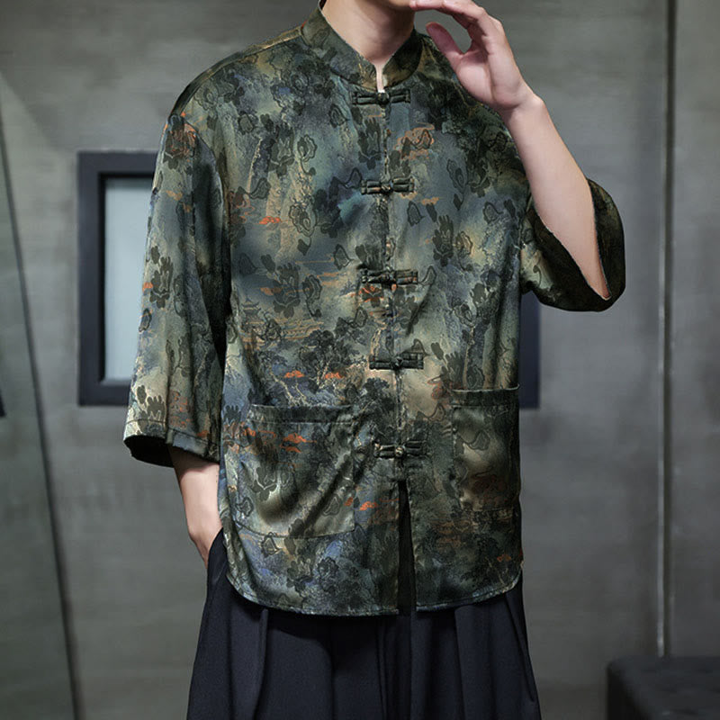Buddha Stones Spring Frog-Button Dragon Mountain Flower Three Quarter Sleeve Tang Suit Men's Shirt With Pockets - image 56