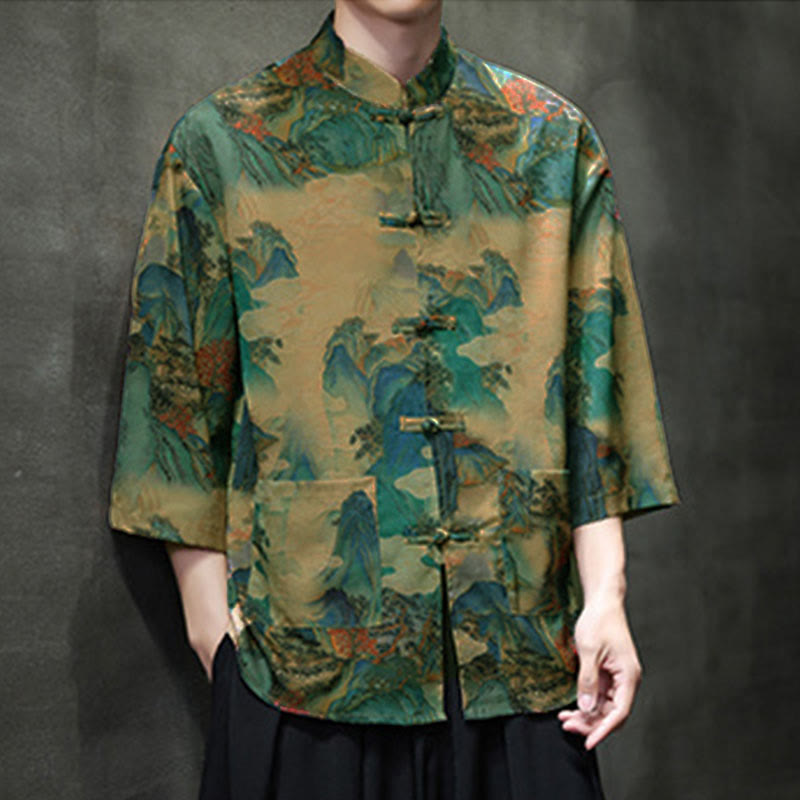 Buddha Stones Spring Frog-Button Dragon Mountain Flower Three Quarter Sleeve Tang Suit Men's Shirt With Pockets - image 40