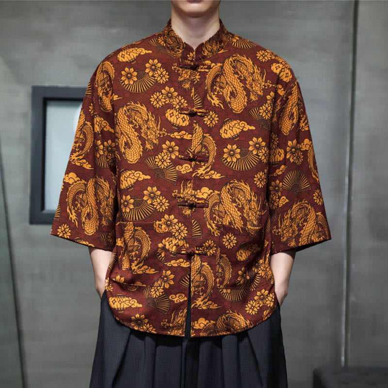 Buddha Stones Spring Frog-Button Dragon Mountain Flower Three Quarter Sleeve Tang Suit Men's Shirt With Pockets - image 5