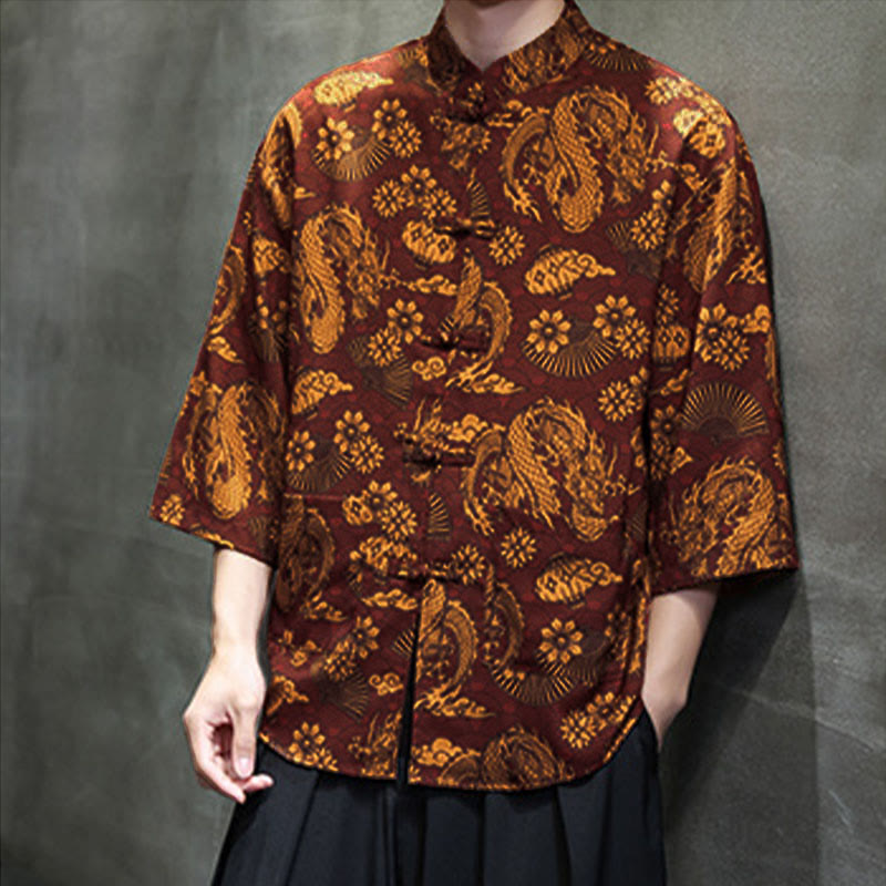 Buddha Stones Spring Frog-Button Dragon Mountain Flower Three Quarter Sleeve Tang Suit Men's Shirt With Pockets - image 2