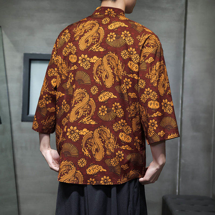 Buddha Stones Spring Frog-Button Dragon Mountain Flower Three Quarter Sleeve Tang Suit Men's Shirt With Pockets - image 4