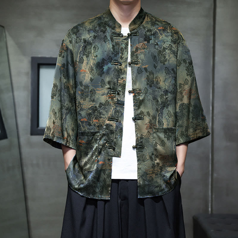 Buddha Stones Spring Frog-Button Dragon Mountain Flower Three Quarter Sleeve Tang Suit Men's Shirt With Pockets - image 53