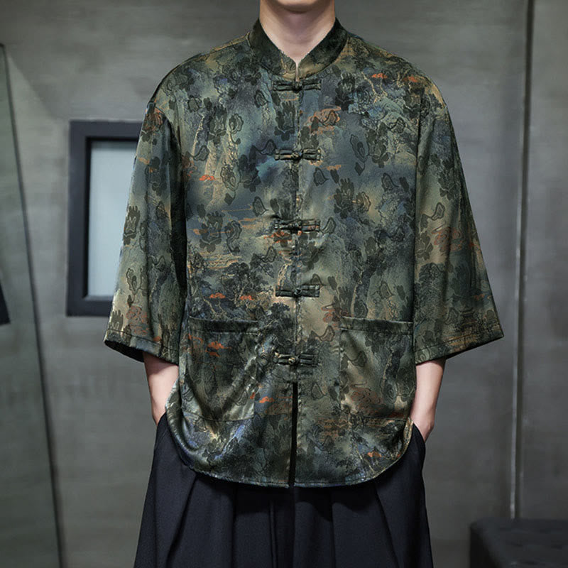 Buddha Stones Spring Frog-Button Dragon Mountain Flower Three Quarter Sleeve Tang Suit Men's Shirt With Pockets - image 50