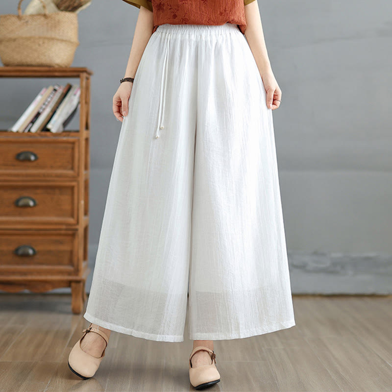 Buddha Stones Solid Color Elastic Waist Design Capri Cropped Women's Wide Leg Pants - White - US12，UK/AU16，EU44 (3XL) - image 18