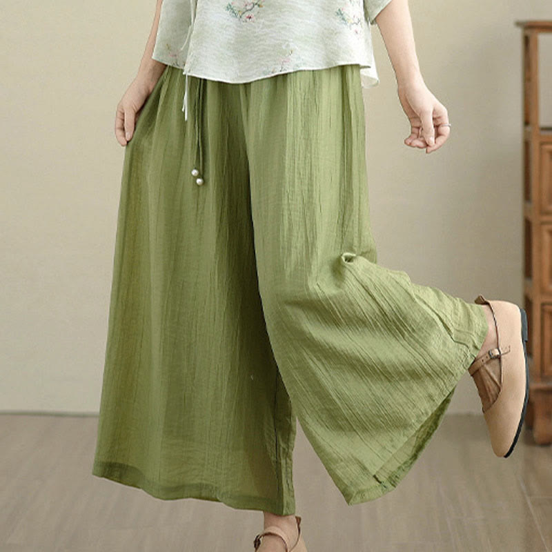 Buddha Stones Solid Color Elastic Waist Design Capri Cropped Women's Wide Leg Pants - image 5