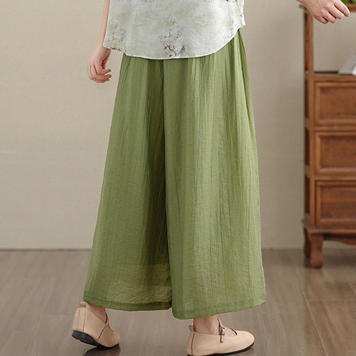 Buddha Stones Solid Color Elastic Waist Design Capri Cropped Women's Wide Leg Pants - image 3
