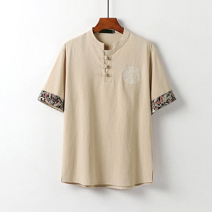 Buddha Stones Summer Frog-Button Auspicious Clouds Embroidery Design Short Sleeve Cotton Linen Men's Shirt - Bisque - US/UK/AU54，EU64 (9XL) - image 12