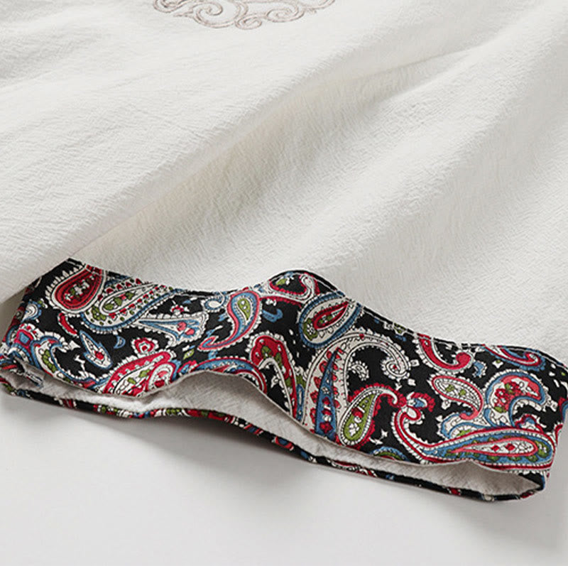 Buddha Stones Summer Frog-Button Auspicious Clouds Embroidery Design Short Sleeve Cotton Linen Men's Shirt - image 5