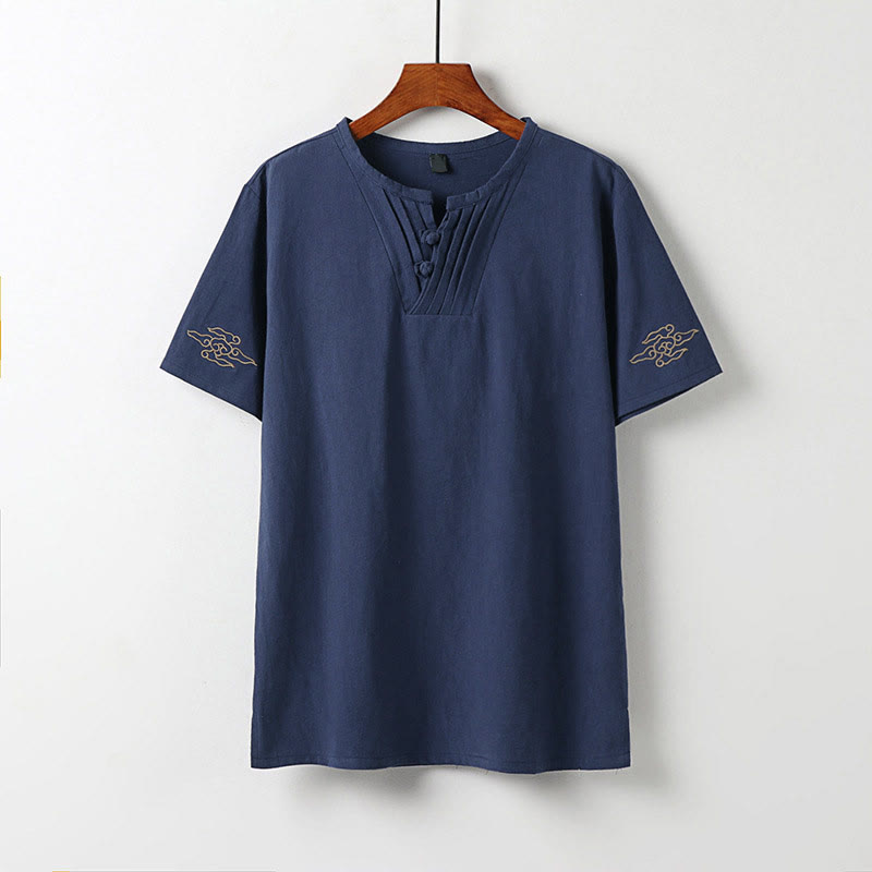 Buddha Stones Summer V-Neck Frog-Button Short Sleeve Clouds Embroidery Cotton Linen Men's Shirt - SteelBlue - US/UK/AU54，EU64 (9XL) - image 0