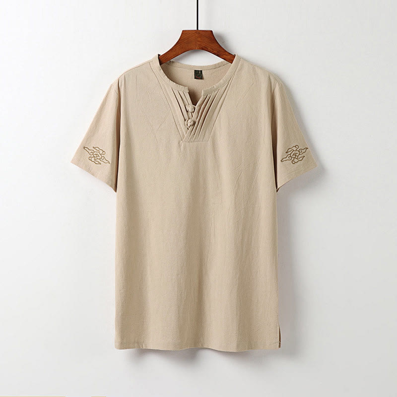 Buddha Stones Summer V-Neck Frog-Button Short Sleeve Clouds Embroidery Cotton Linen Men's Shirt - Bisque - US/UK/AU54，EU64 (9XL) - image 12