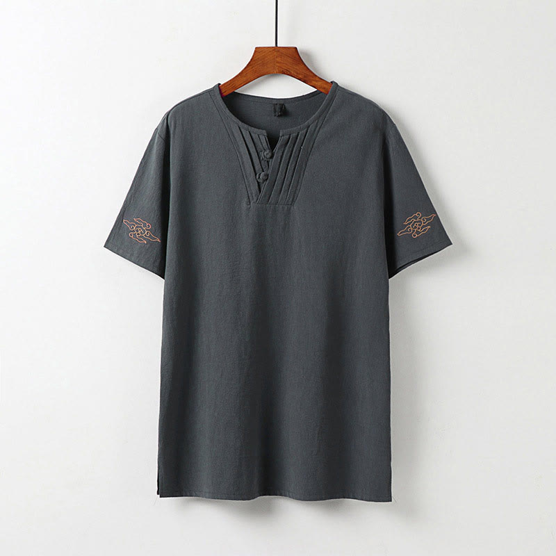 Buddha Stones Summer V-Neck Frog-Button Short Sleeve Clouds Embroidery Cotton Linen Men's Shirt - Gray - US/UK/AU54，EU64 (9XL) - image 2