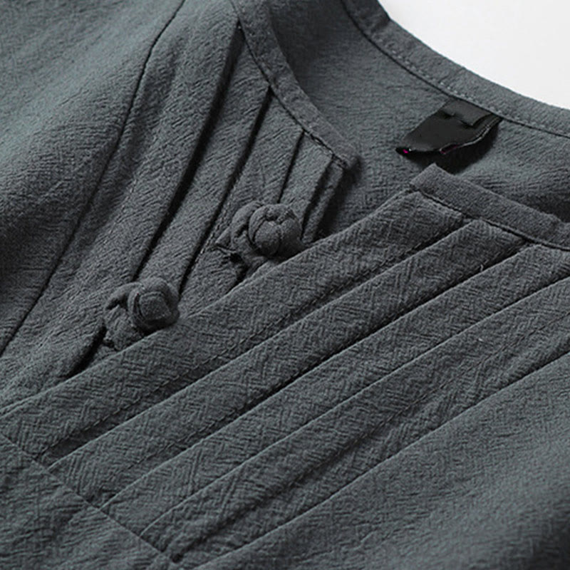 Buddha Stones Summer V-Neck Frog-Button Short Sleeve Clouds Embroidery Cotton Linen Men's Shirt - image 5