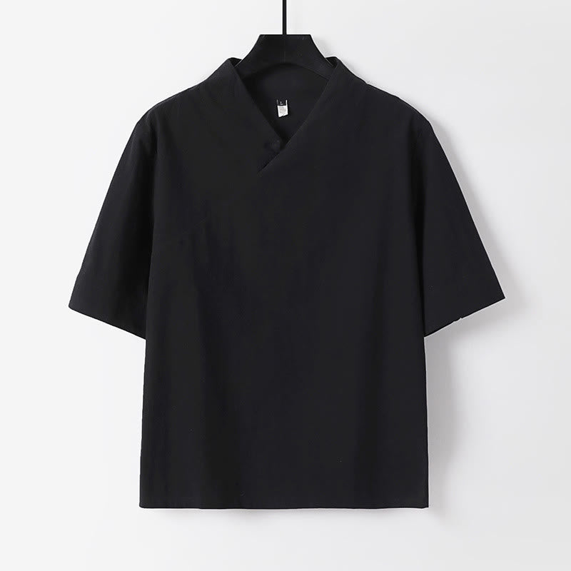 Buddha Stones Summer Simple V-Neck Short Sleeve Cotton Linen Men's Shirt - Black - US/UK/AU54，EU64 (9XL) - image 1