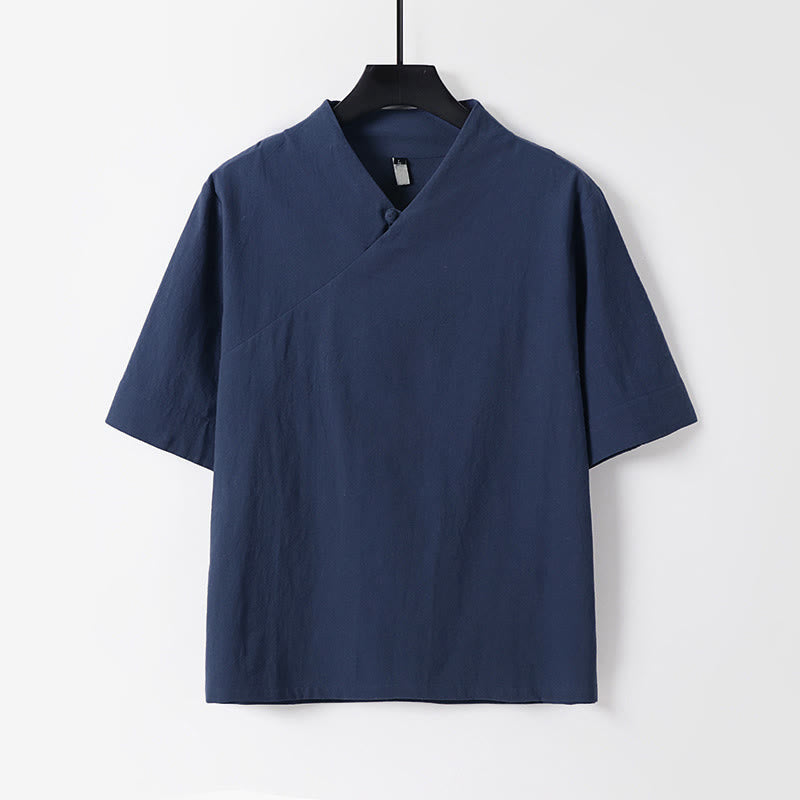 Buddha Stones Summer Simple V-Neck Short Sleeve Cotton Linen Men's Shirt - SteelBlue - US/UK/AU54，EU64 (9XL) - image 2