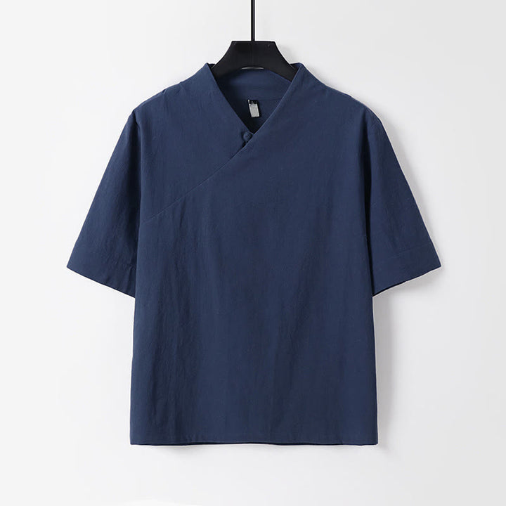 Buddha Stones Summer Simple V-Neck Short Sleeve Cotton Linen Men's Shirt - SteelBlue - US/UK/AU54，EU64 (9XL) - image 2