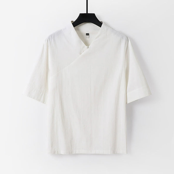 Buddha Stones Summer Simple V-Neck Short Sleeve Cotton Linen Men's Shirt - White - US/UK/AU54，EU64 (9XL) - image 11