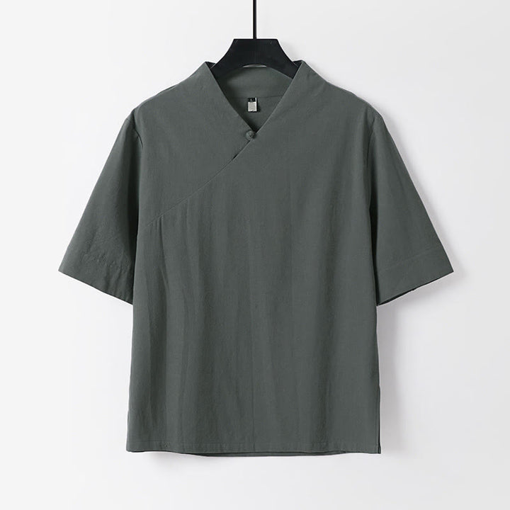 Buddha Stones Summer Simple V-Neck Short Sleeve Cotton Linen Men's Shirt - Gray - US/UK/AU54，EU64 (9XL) - image 0