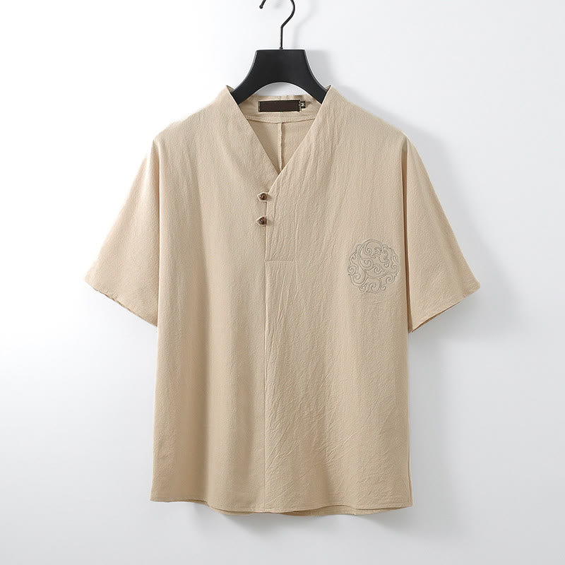 Buddha Stones Summer V-Neck Button Short Sleeve Clouds Embroidery Cotton Linen Men's Shirt - Bisque - US/UK/AU56，EU66 (9XL) - image 0