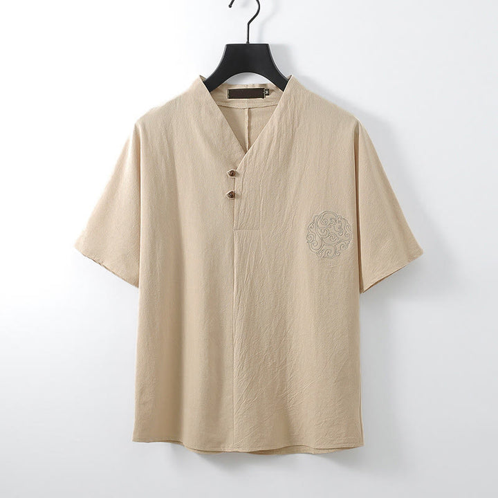 Buddha Stones Summer V-Neck Button Short Sleeve Clouds Embroidery Cotton Linen Men's Shirt - Bisque - US/UK/AU56，EU66 (9XL) - image 0