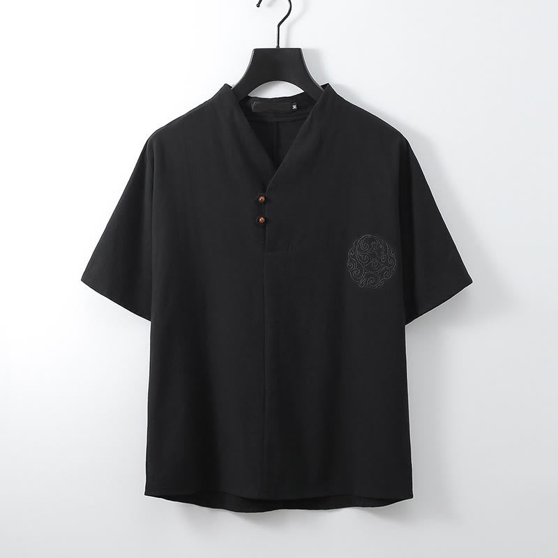 Buddha Stones Summer V-Neck Button Short Sleeve Clouds Embroidery Cotton Linen Men's Shirt - Black - US/UK/AU56，EU66 (9XL) - image 2