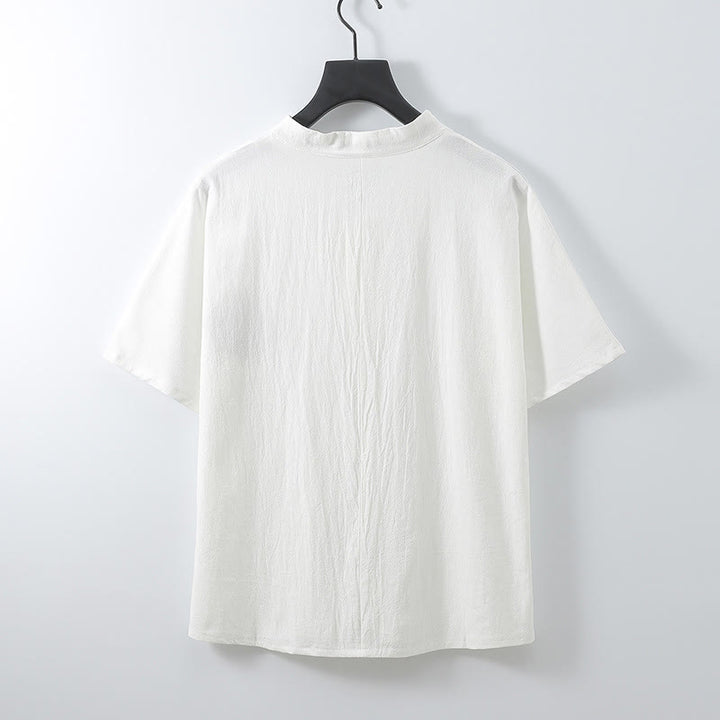 Buddha Stones Summer V-Neck Button Short Sleeve Clouds Embroidery Cotton Linen Men's Shirt - image 5