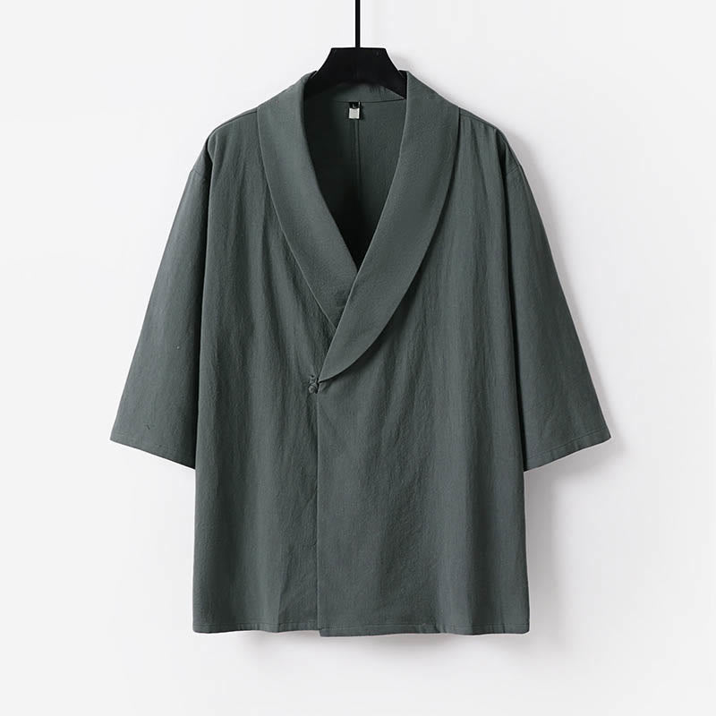 Buddha Stones Summer V-Neck Lapel Half Sleeve Cotton Linen Men's Shirt - Gray - US/UK/AU54，EU64 (9XL) - image 0