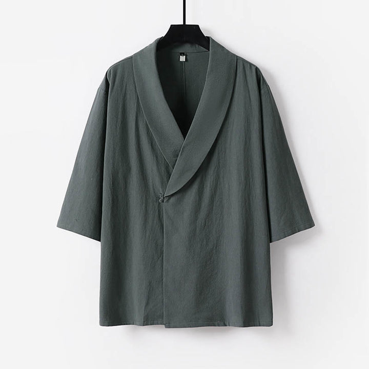 Buddha Stones Summer V-Neck Lapel Half Sleeve Cotton Linen Men's Shirt - Gray - US/UK/AU54，EU64 (9XL) - image 0