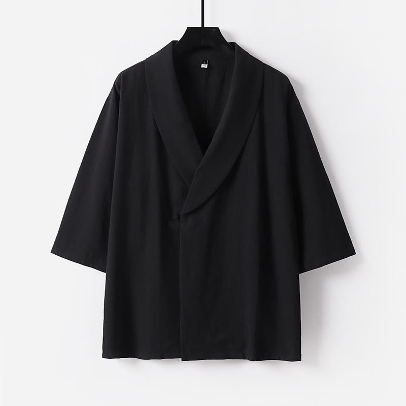 Buddha Stones Summer V-Neck Lapel Half Sleeve Cotton Linen Men's Shirt - Black - US/UK/AU54，EU64 (9XL) - image 8