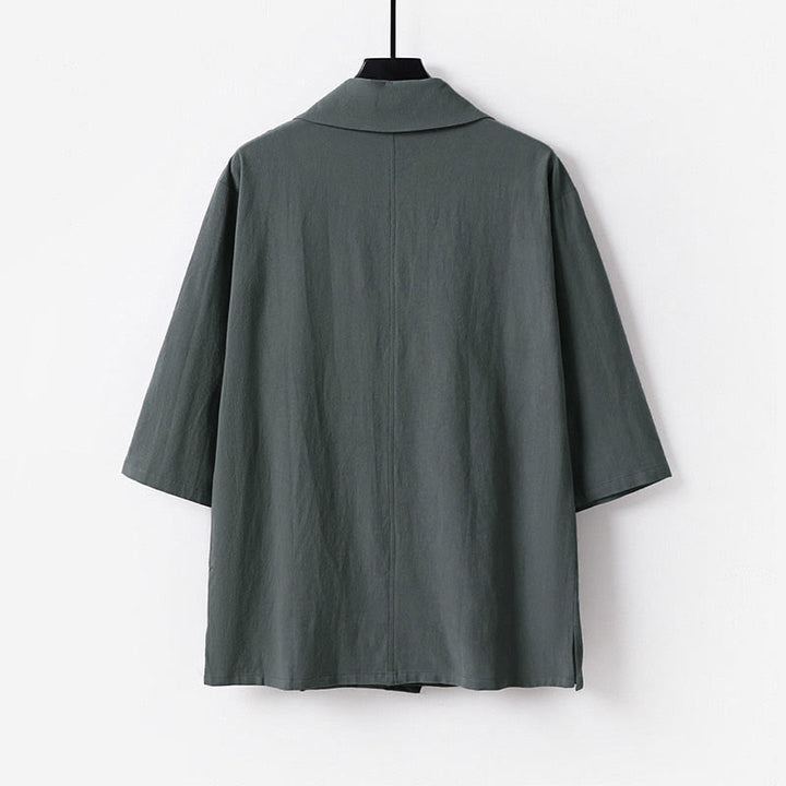 Buddha Stones Summer V-Neck Lapel Half Sleeve Cotton Linen Men's Shirt - image 1