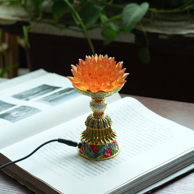 Buddha Stones Lotus Liuli Glass Eight Auspicious Symbols Base Enlightenment Home Decoration - Orange Lotus(9*14-16*6.8 cm) - Plug-in - image 3