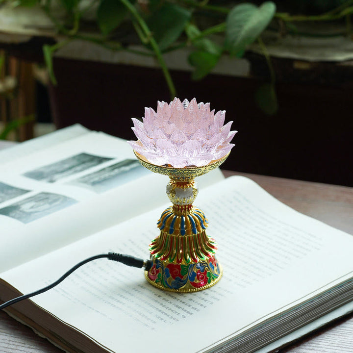 Buddha Stones Lotus Liuli Glass Eight Auspicious Symbols Base Enlightenment Home Decoration - Pink Lotus(9*14-16*6.8 cm) - Plug-in - image 8