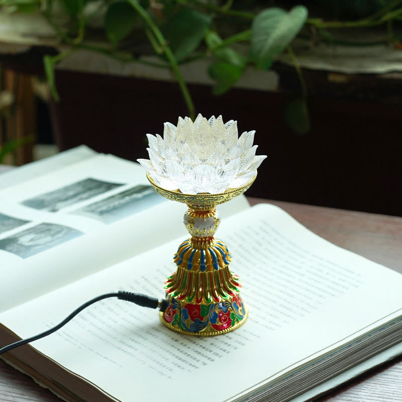 Buddha Stones Lotus Liuli Glass Eight Auspicious Symbols Base Enlightenment Home Decoration - White Lotus(9*14-16*6.8 cm) - Plug-in - image 9